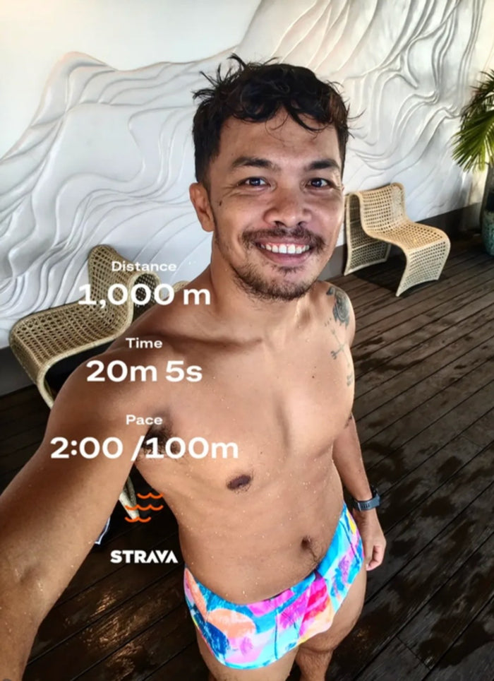 Kaloy in Funky Trunks after an open-water swim